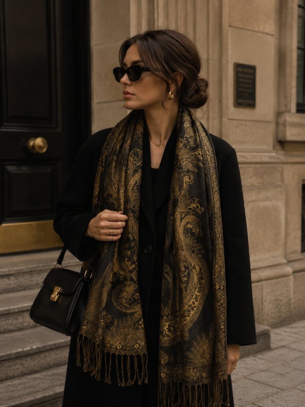 Vintage Paisley Pashmina Style Scarf Shawl Wrap Black Gold Boho Elegant Fringe